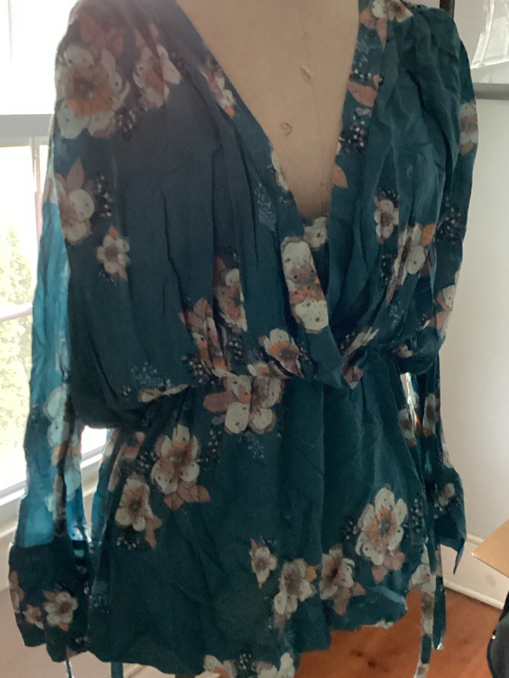 Free People Teal Floral V-Neck Women’s Blouse
